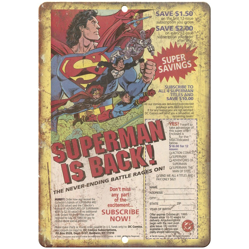 Superman Is Back Vintage Comic Book Ad 10" X 7" Reproduction Metal Sign J112