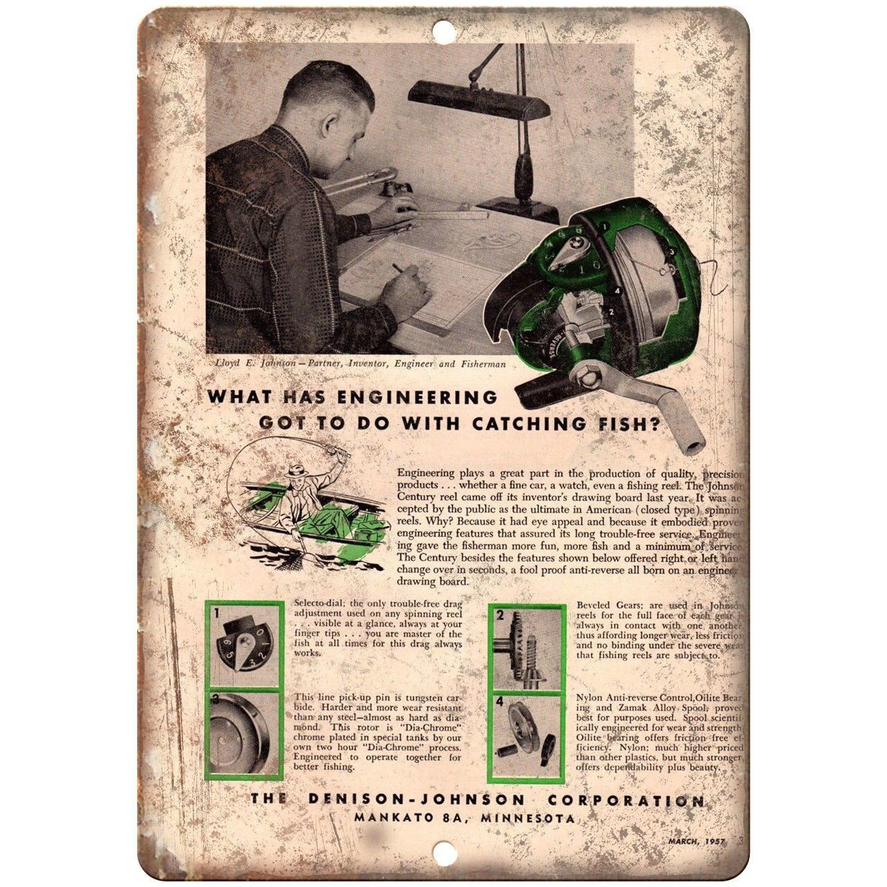 Denison Johnson Co. Fishing Reel Vintage Ad 10' x 7 Reproduction Metal  Sign