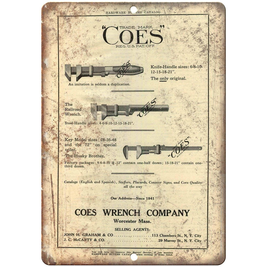 Coes Wrench Company Garage Workshop 10" x 7" Retro Look Metal Sign