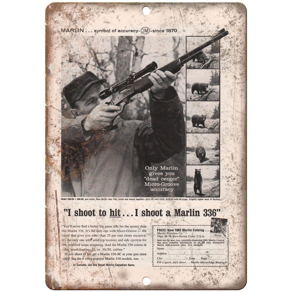 Marlin 336 Firearms Rifle Vintage Ad 10" x 7" Reproduction Metal Sign
