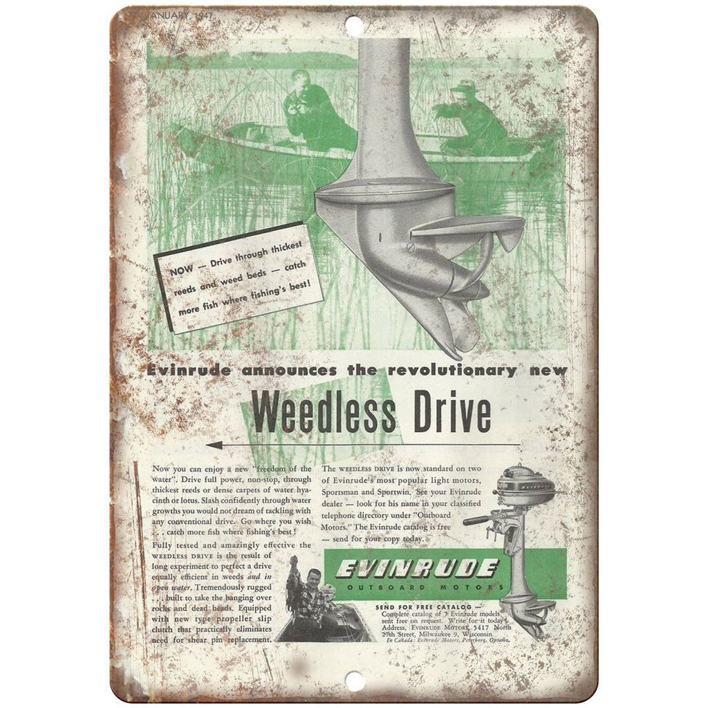 Evinrude Outboard Motors Weedless Drive Ad 10" x 7" Reproduction Metal Sign