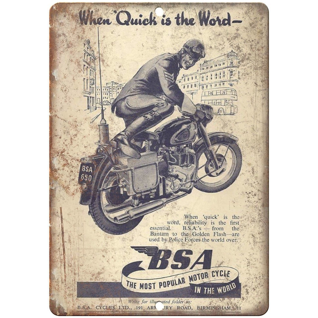 BSA Motorcycle Birmingham England Ad 10" X 7" Reproduction Metal Sign F39