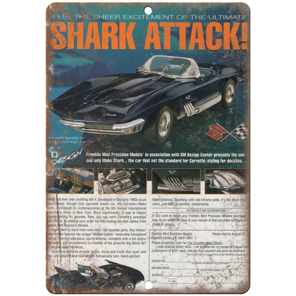 Chevrolet Corvette Sting Ray Shark Attack Ad 10" x 7" Reproduction Metal Sign