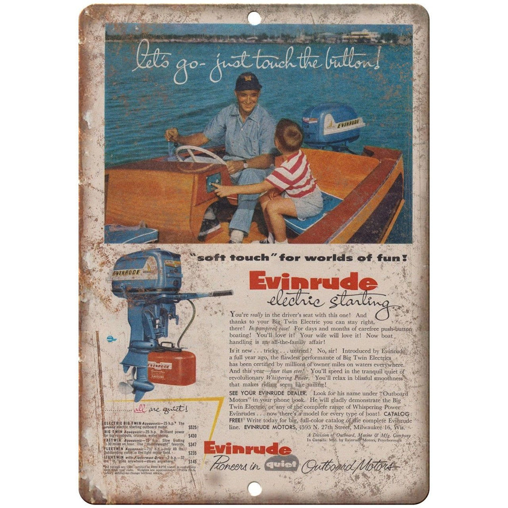 Evinrude Outboard Motors Electric Starling Ad 10" x 7" Reproduction Metal Sign