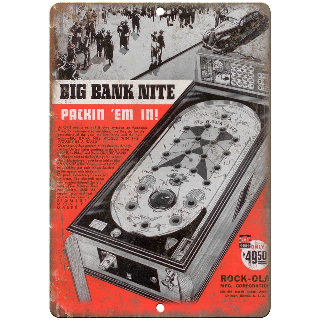 Rock-Ola Mfg. Big Bank Nite Pinball Machine 10"x7" Reproduction Metal Sign G204
