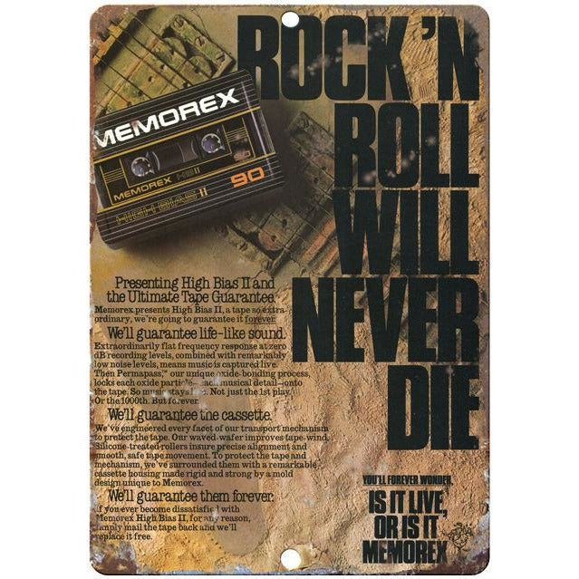 Memorex Rock and Roll Will Never Die 10" x 7" Reproduction Metal Sign D23