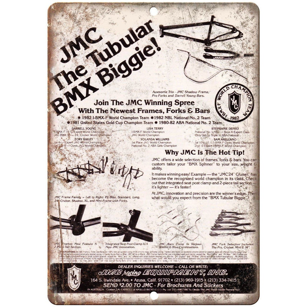 JMC BMX Racing Fraes Forks Bars Ad 10" x 7" Reproduction Metal Sign B459