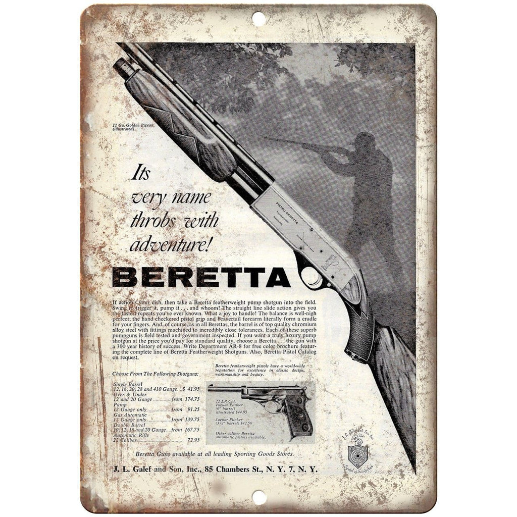 Beretta Firearms J.L. Galef & Sons Vintage Ad 10" x 7" Reproduction Metal Sign