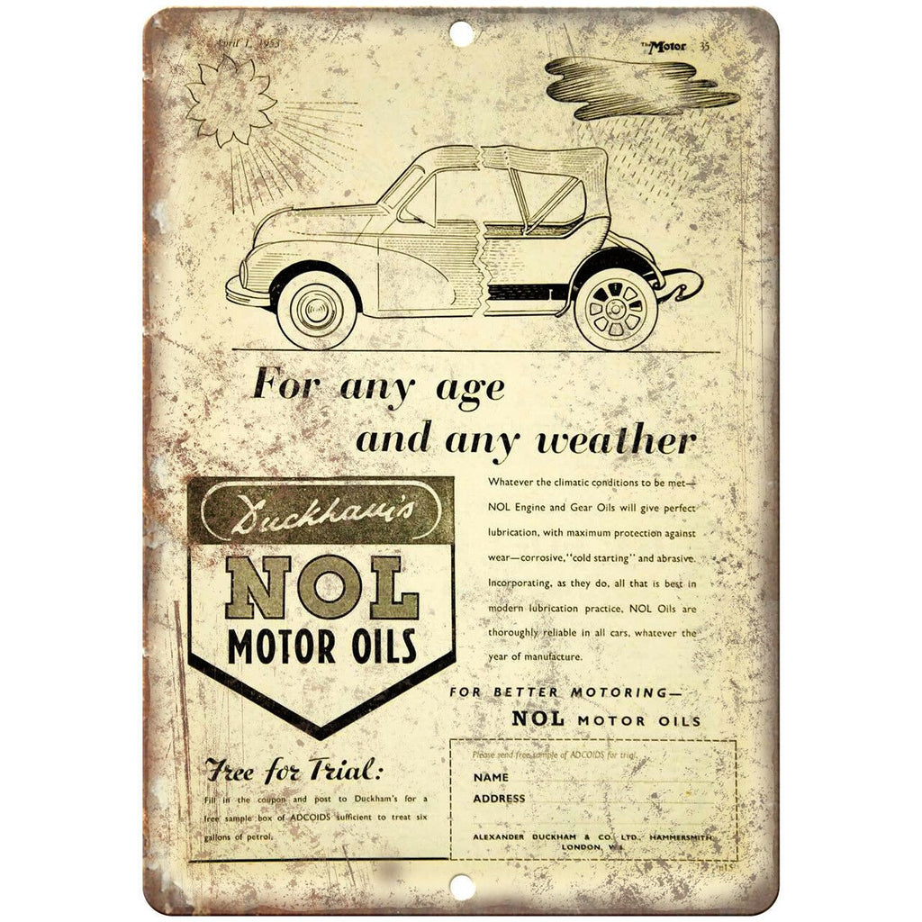 Nol Motor Oil Vintage Ad 10" X 7" Reproduction Metal Sign A725