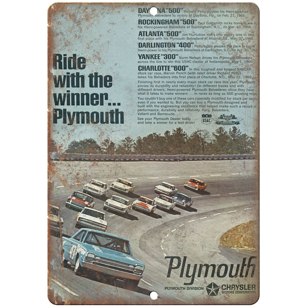 Plymouth Daytona 500, Rockingham 500, car races 10" x 7" Retro Metal Sign