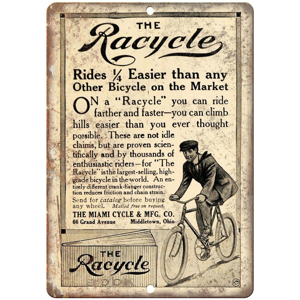 The Racycle Bicycle Vintage Art Ad 10" x 7" Reproduction Metal Sign B442