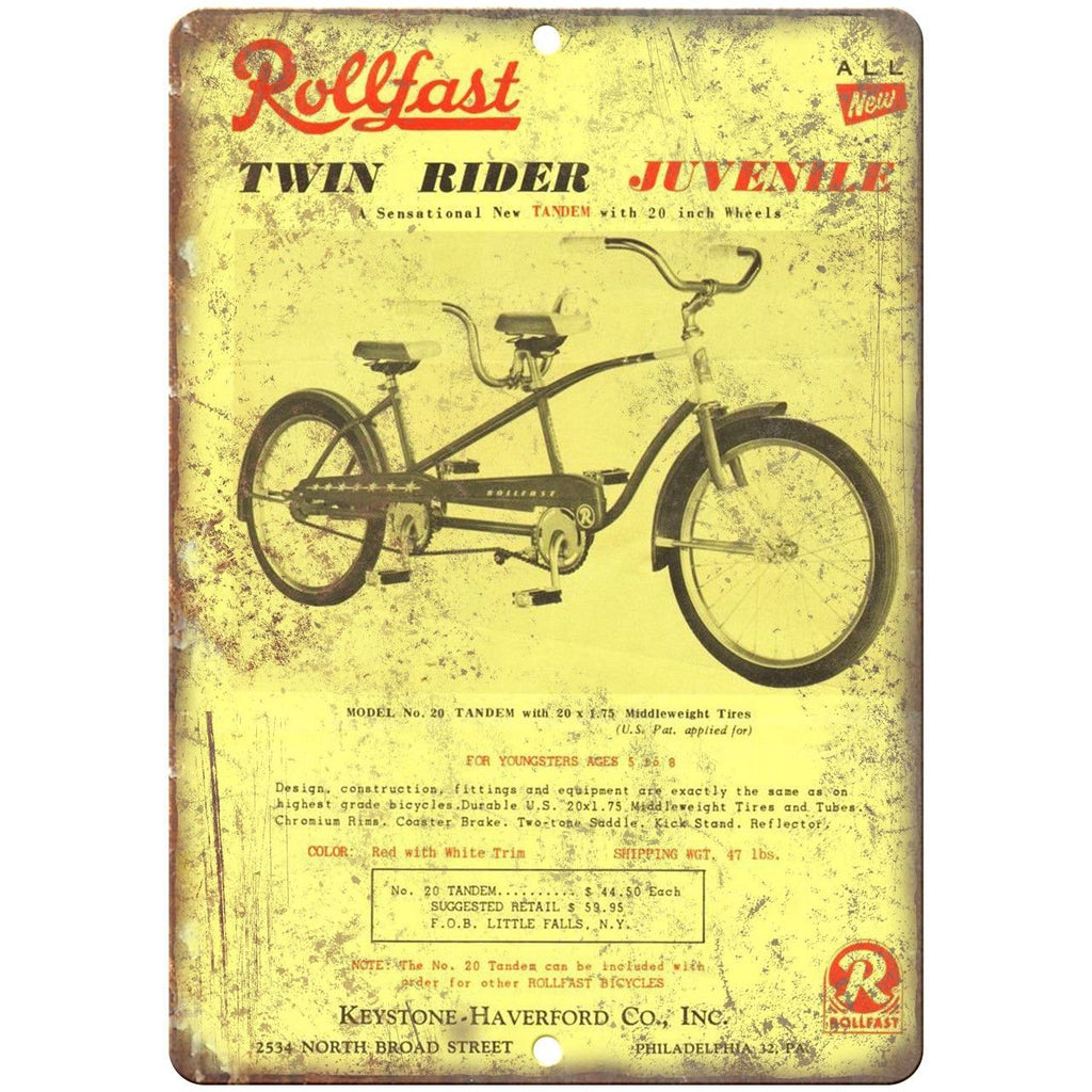 Rollfast Twin Rider Bicycle Ad 10" x 7" Reproduction Metal Sign B224