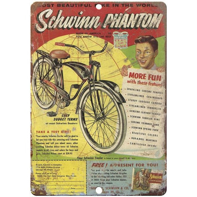 schwinn phantom bicycle 1951 Schwinn Phantom vintage advertising 9" x 12" reproduction metal s – Rusty Walls Sign Shop