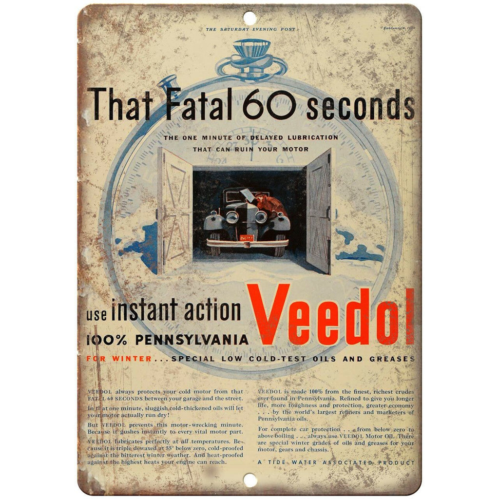Veedol Fatal 60 Seconds Motor Oil Ad 10" X 7" Reproduction Metal Sign A770