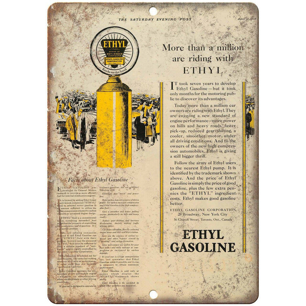 Ethyl Gasoline Vintage Ad 10" X 7" Reproduction Metal Sign A823
