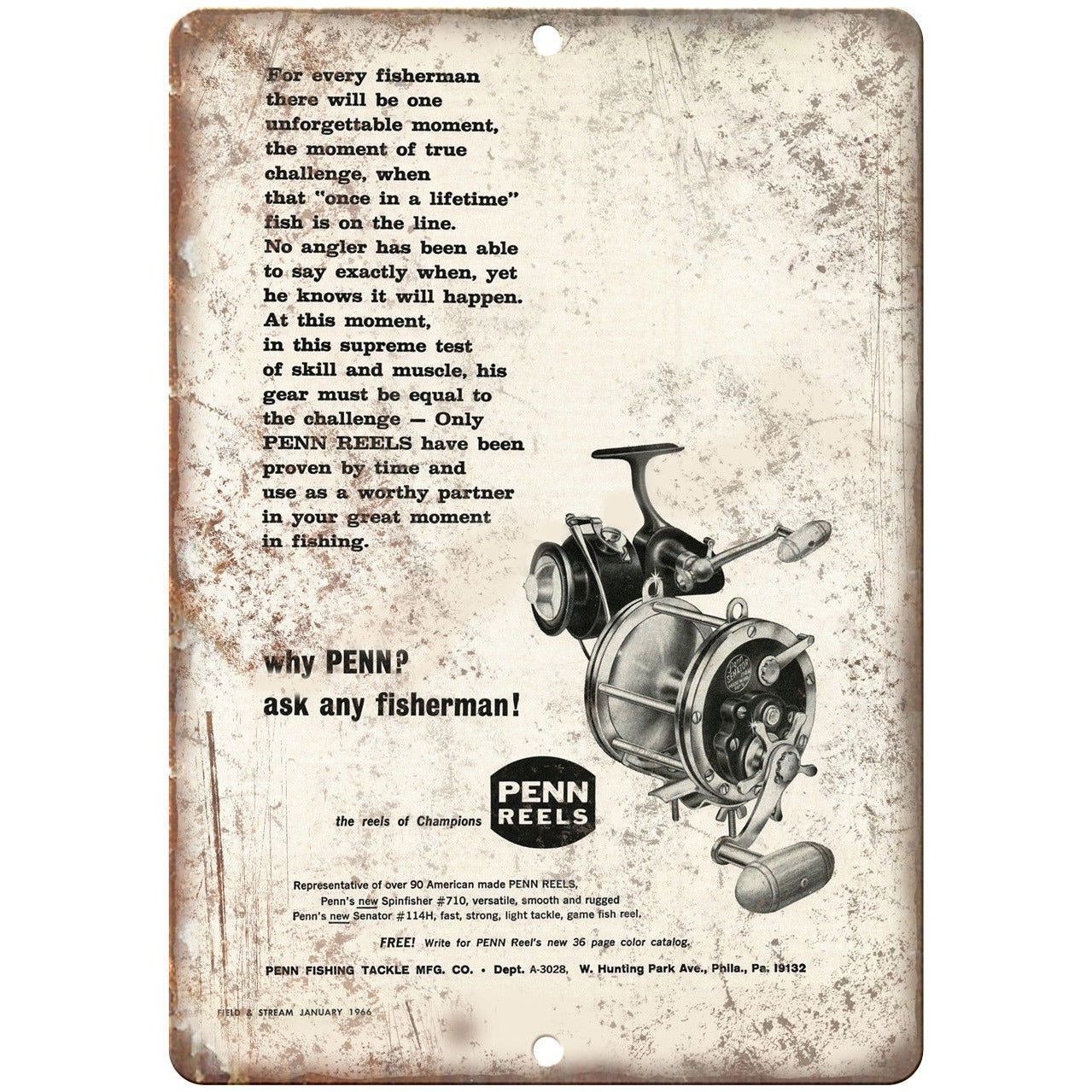PENN Fishing Reel Tackle Vintage Printe Ad 10' x 7 Reproduction Metal Sign