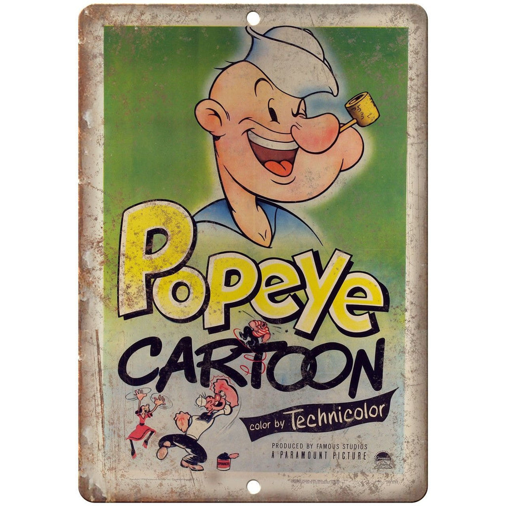 Popeye Cartoon Technicolor Vintage Ad 9" x 12" Reproduction Metal Sign J250