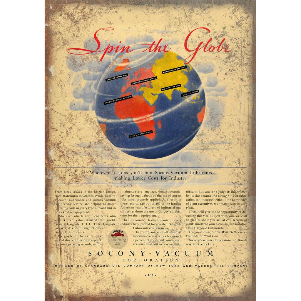 Socony Vacuum Spin the Globe Motor Oil Ad 10" X 7" Reproduction Metal Sign A883