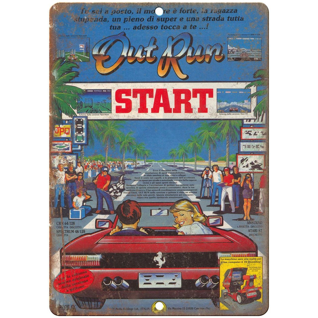 Out Run Arcade Game Vintage Print Ad 10" x 7" Retro Look Metal Sign