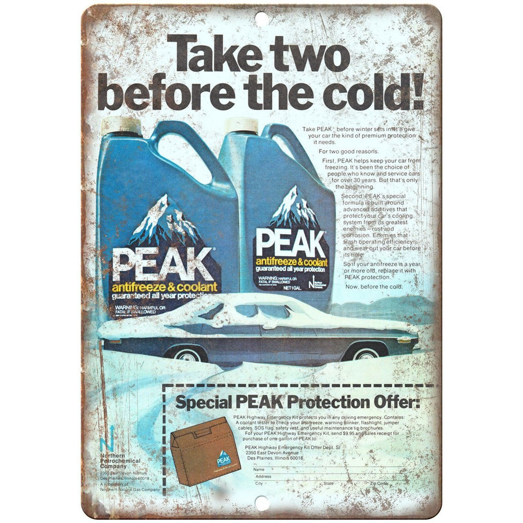Peak Antifreeze & Coolant Vintage Ad 10" x 7" Reproduction Metal Sign A207