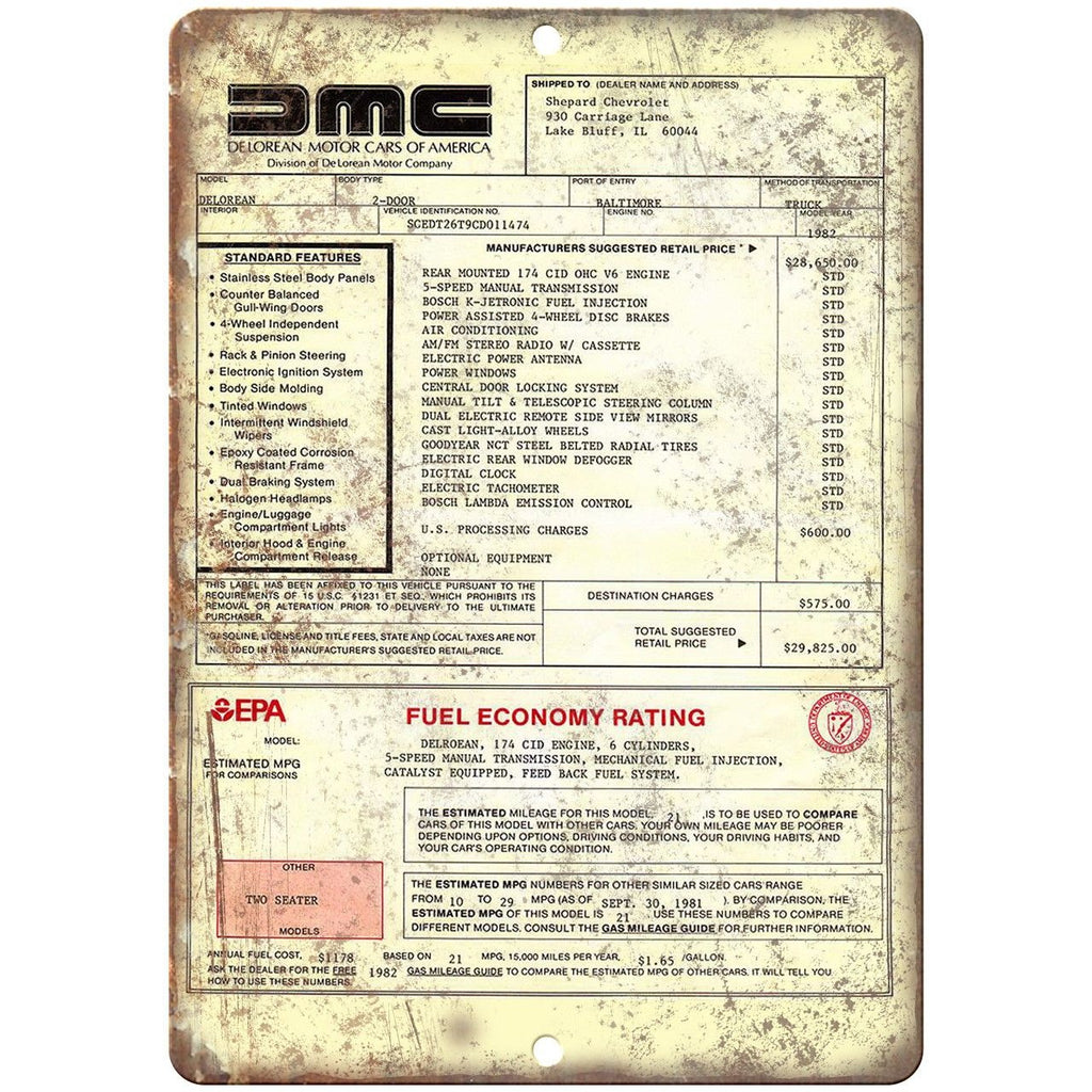 DMC DeLorean Vintage Car Sticker Price RARE - 10" x 7" Retro Look Metal Sign