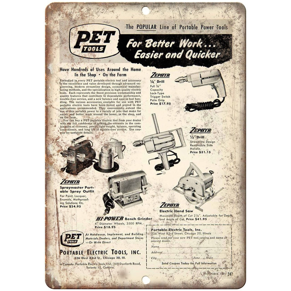 Pet Tools Vintage Drill Zephyr Ad 10" X 7" Reproduction Metal Sign Z36