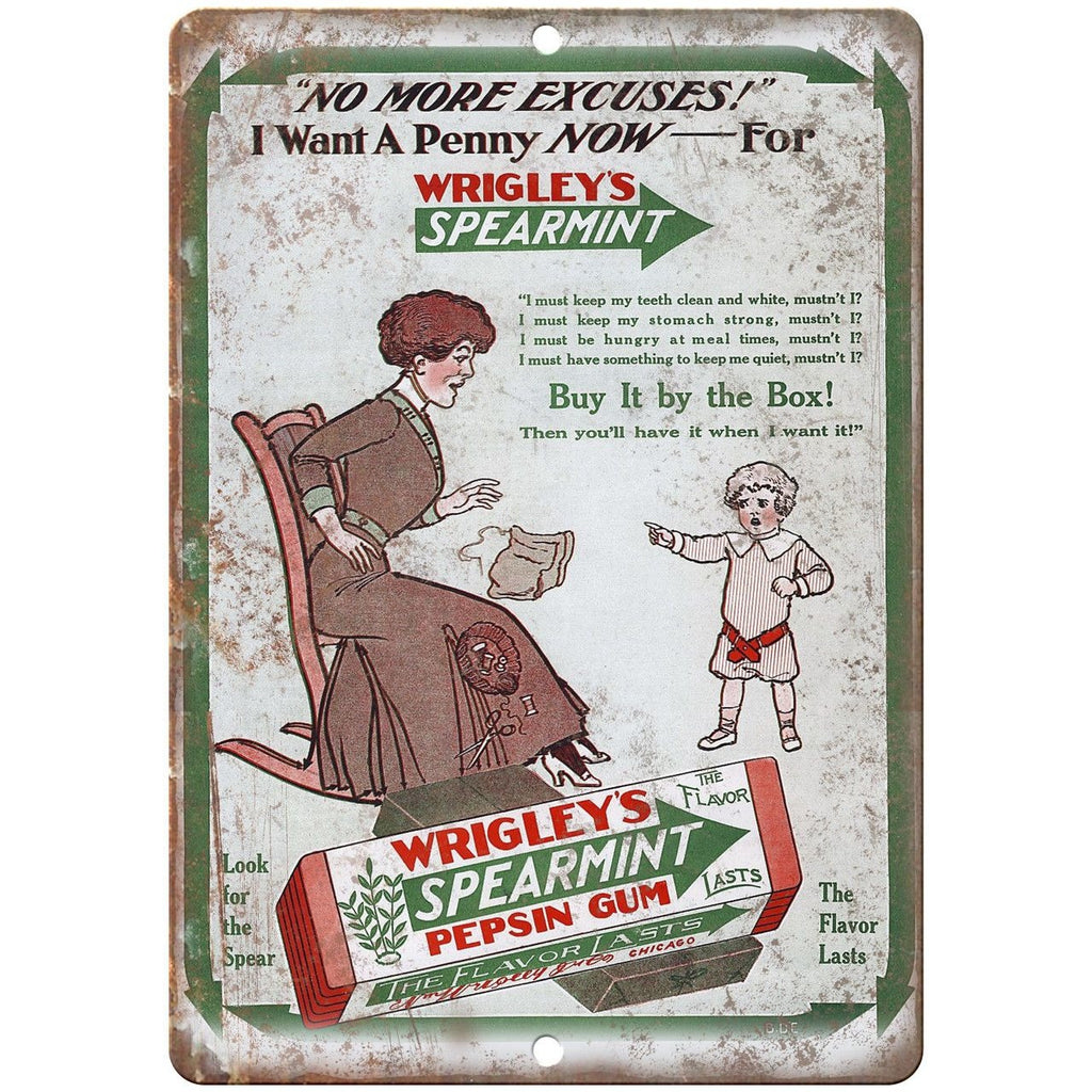 Wrigley's Spearmint Pepsin Gum Vintage Ad 10" X 7" Reproduction Metal Sign N93