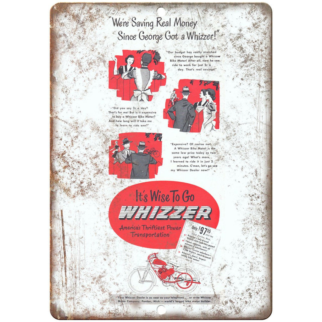 Whizzer Bicycle Vintage Art Ad 10" x 7" Reproduction Metal Sign B446