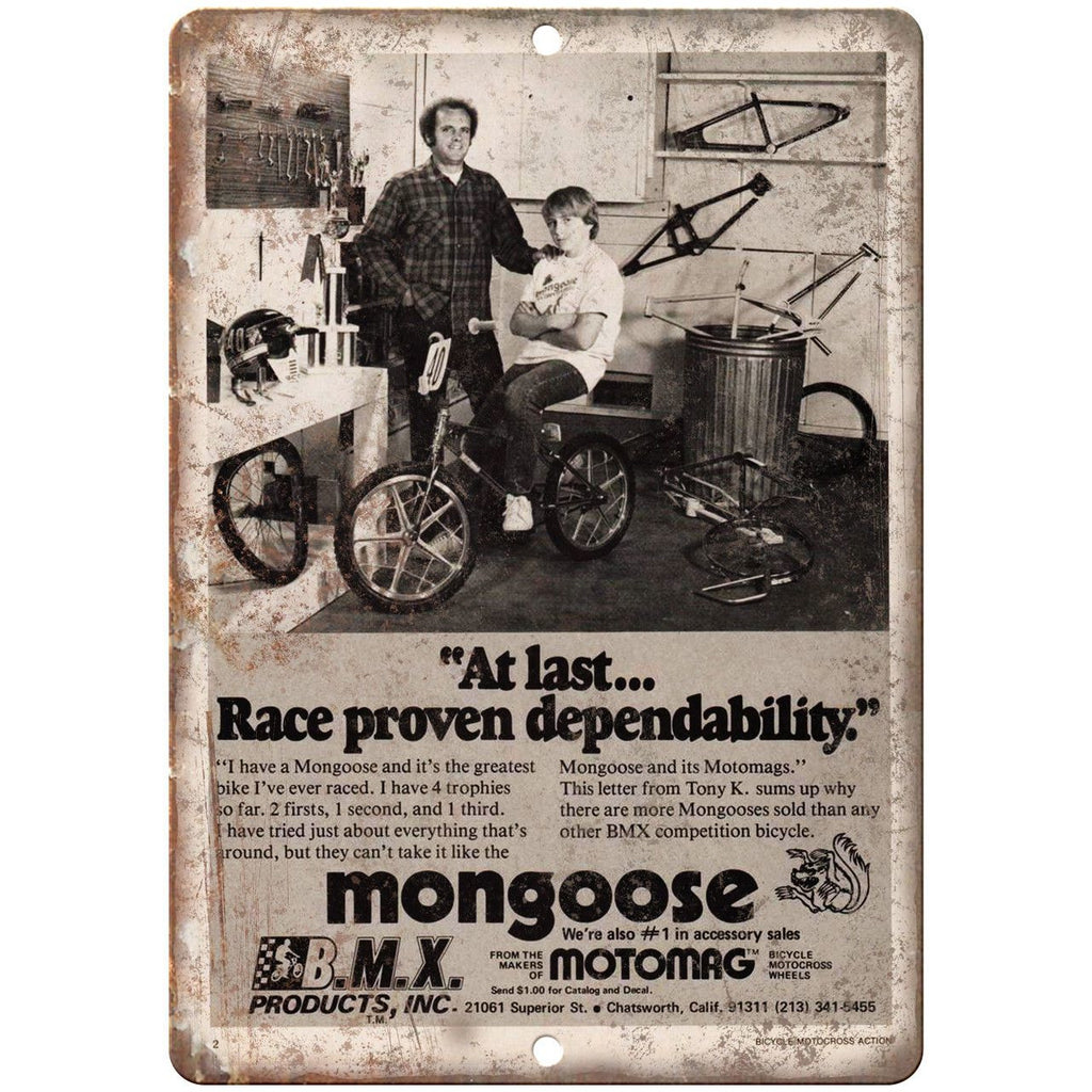 Mongoose BMX Motomag Bicycle Vintage Ad 10" x 7" Reproduction Metal Sign B460