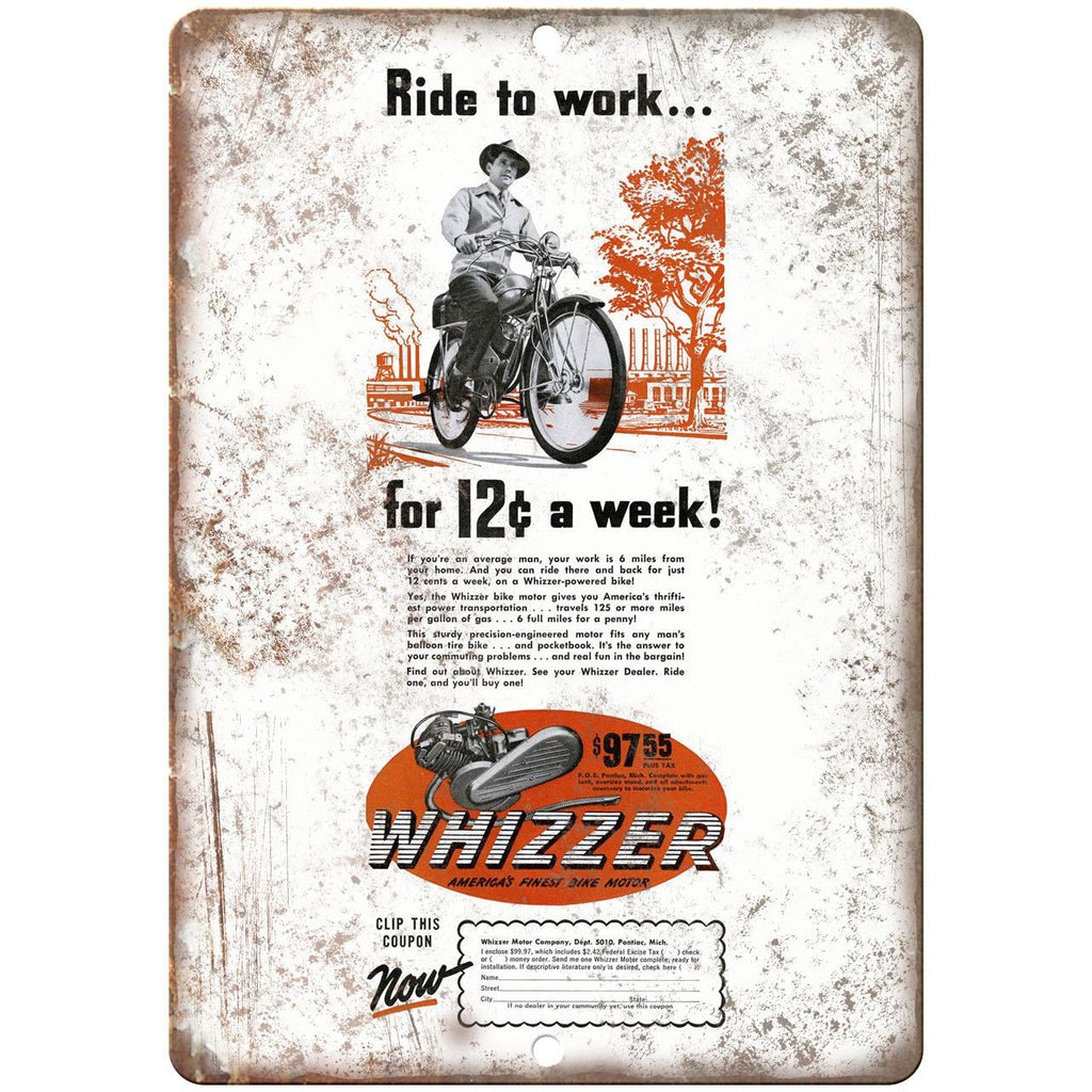Whizzer Bicycle Motor Vintage Ad 10" x 7" Reproduction Metal Sign B285