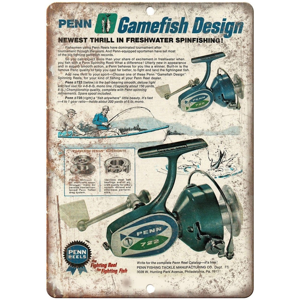 PENN FIshing Reels 722 Spinfishing Tackle Ad - 10'" x 7" Reproduction Metal Sign