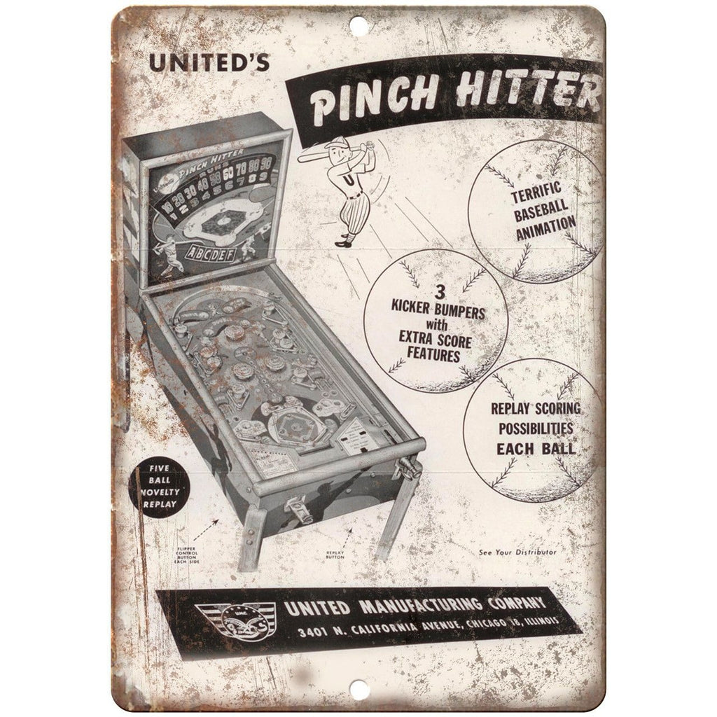 United's Pinch Hitter Pinball Machine Ad 10" x 7" Reproduction Metal Sign G136