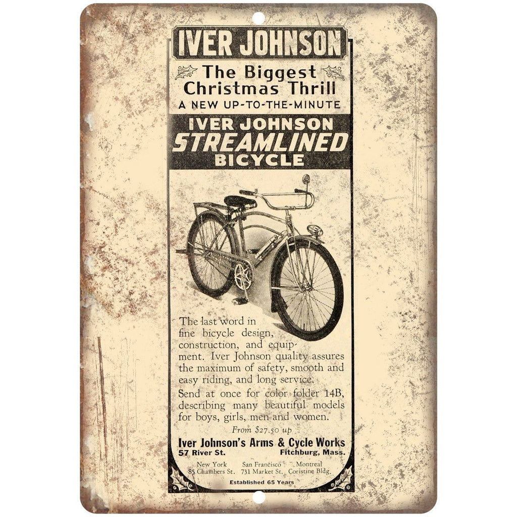 Iver Johnson Streamlined Bicycle Vintage Ad 10" x 7" Reproduction Metal Sign B27