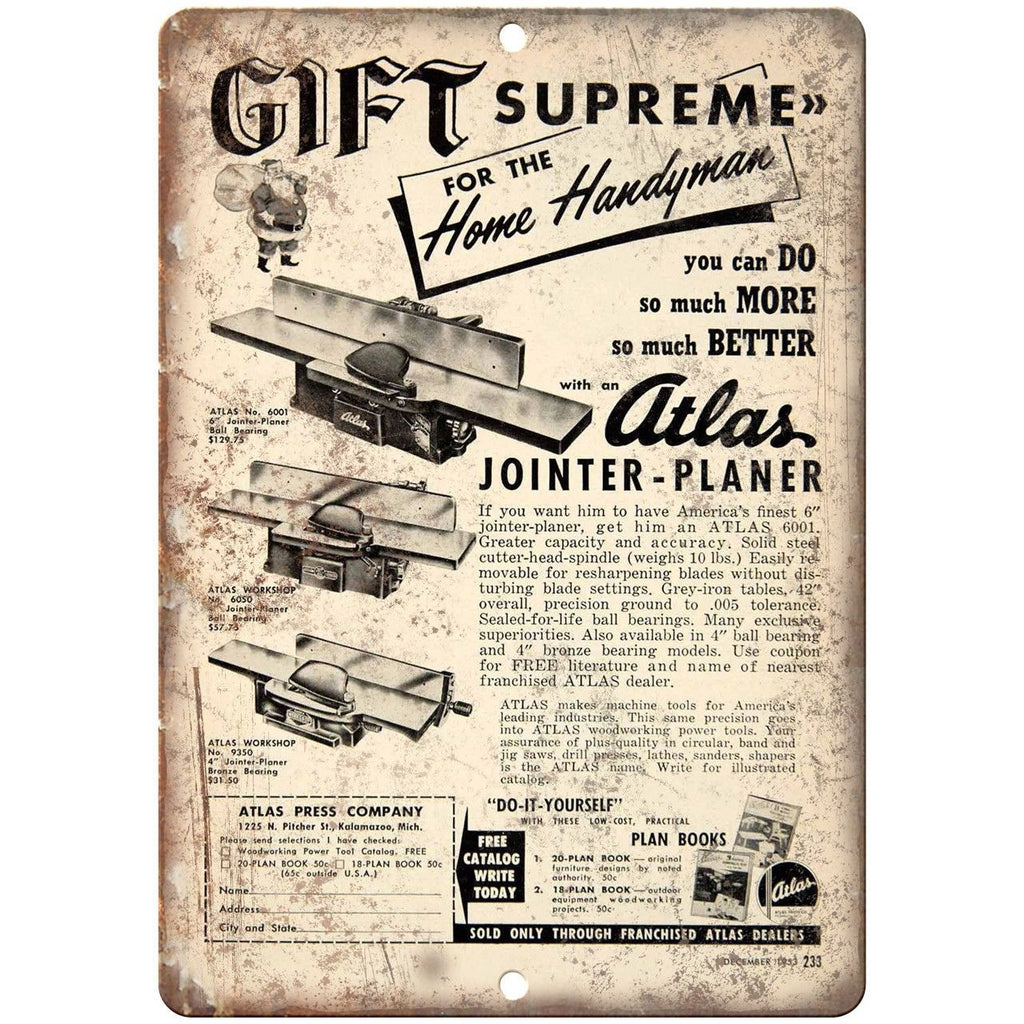 Atlas Tools Joint-Planer Home Handyman Ad 10" X 7" Reproduction Metal Sign Z21