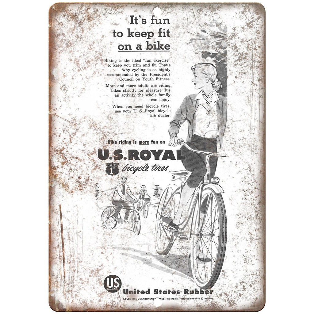 US Rubber Bicycle Vintage Art Ad 10" x 7" Reproduction Metal Sign B445