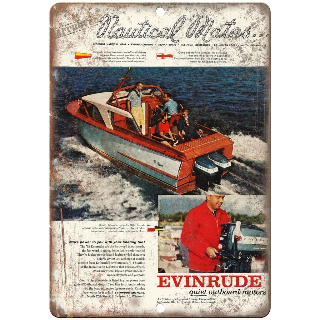 Evinrude Outboard Motor Vintage Boating Ad 10" x 7" Reproduction Metal Sign L12