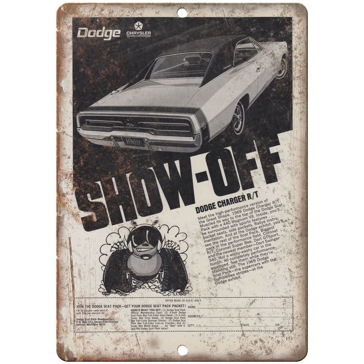 1969 Dodge Charger R/T Show Off Ad 10 x 7 Reproduction Metal Sign A2 –  Rusty Walls Sign Shop