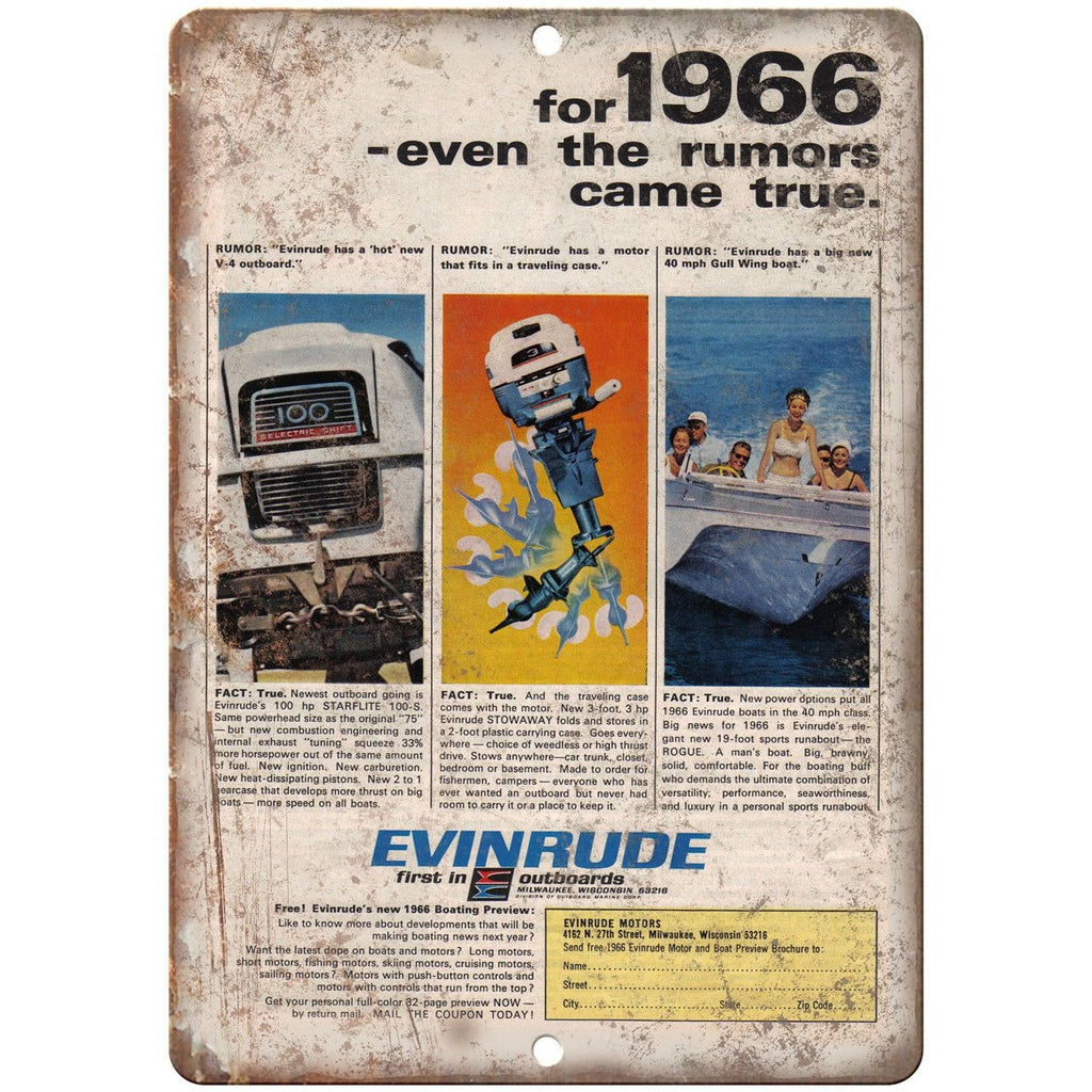 Evinrude Outboard Motor 1966 Vintage Boating Ad 10" x 7" Reproduction Metal Sign