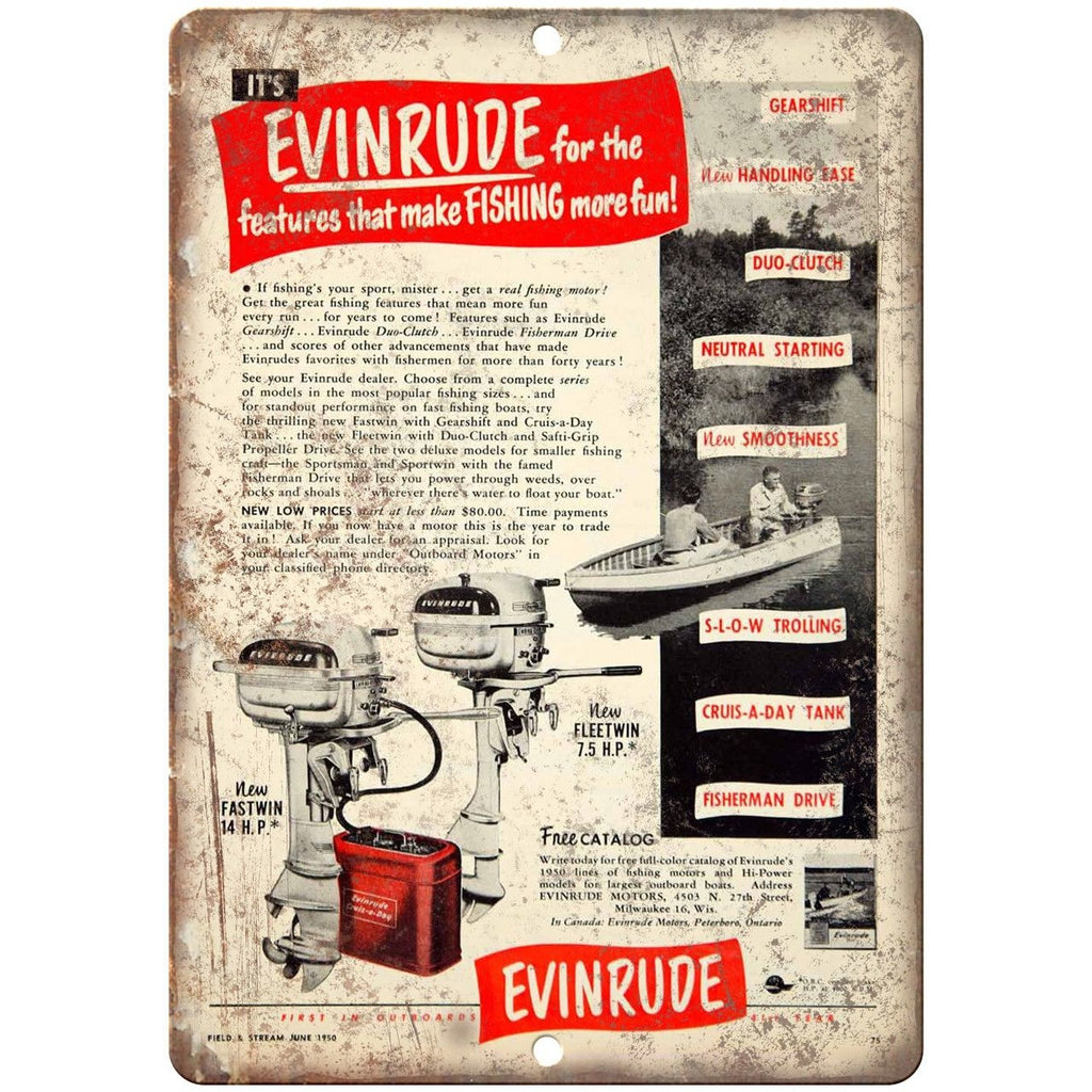 Evinrude Outboard Motors Vintage Boating Ad 10" x 7" Reproduction Metal Sign