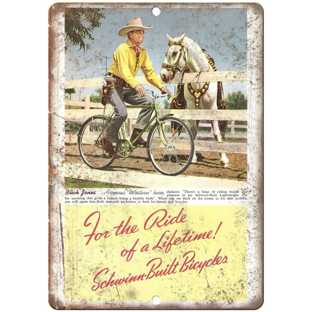 1941 Schwinn Bicycles Buck Jones Vintage Ad - 10" x 7" Retro Look Metal Sign