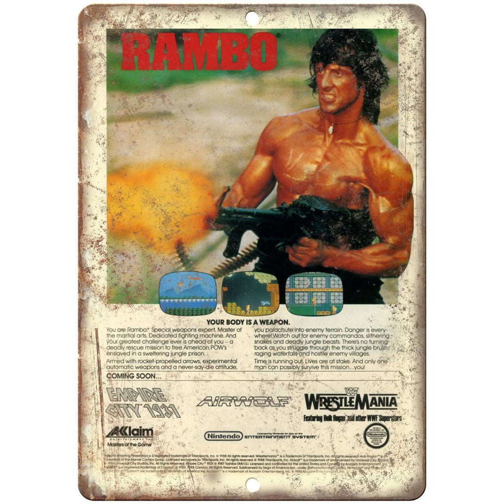 Nintendo Acclaim Rambo Video Game Ad RARE 10" x 7" Retro Look Metal Sign