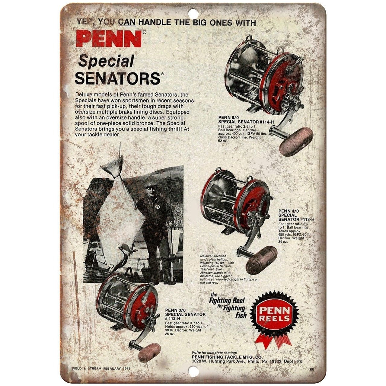 PENN Fishing Reel Tackle Special Senators Ad - 10' x 7 Reproduction Metal  Sign