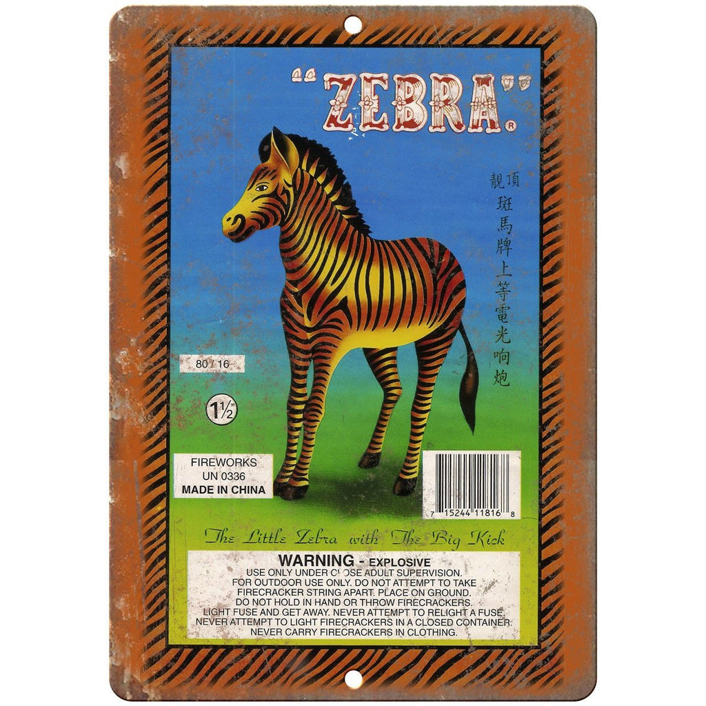 Zebra Firecracker Package Art 10" X 7" Reproduction Metal Sign ZD57