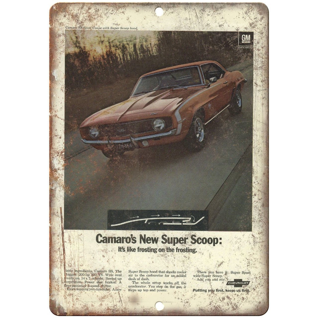 Chevy Camaro SS Super Scoop Vintage Print Ad 10" x 7" Reproduction Metal Sign