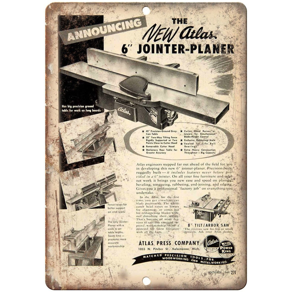 Atlas Press Company Tools Joint-Planer 10" X 7" Reproduction Metal Sign Z01