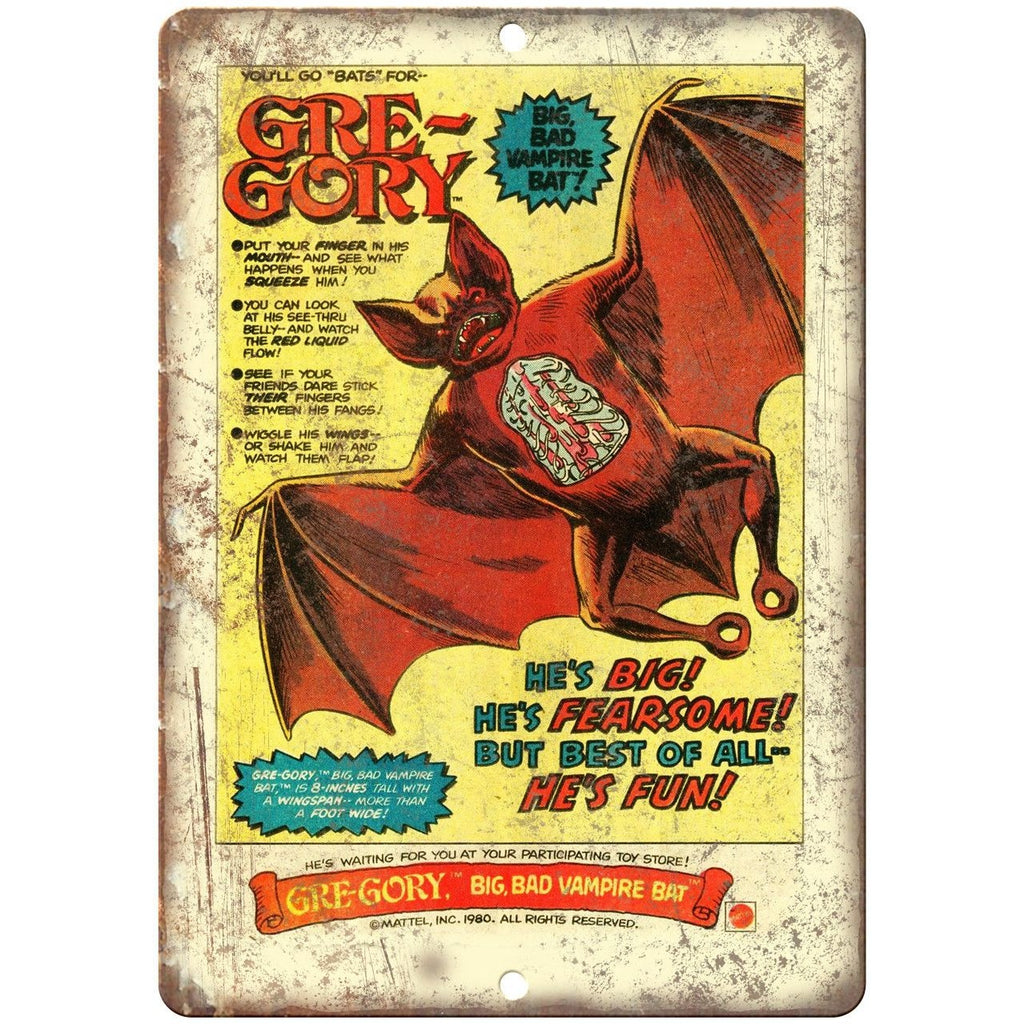 1980 Gre-Gory Vampire Bat Mattel Toys 10" X 7" Reproduction Metal Sign J125