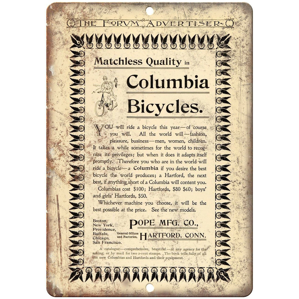 Pope Mfg. Co. Columbia Bicycle Vintage Ad 10" x 7" Reproduction Metal Sign B429