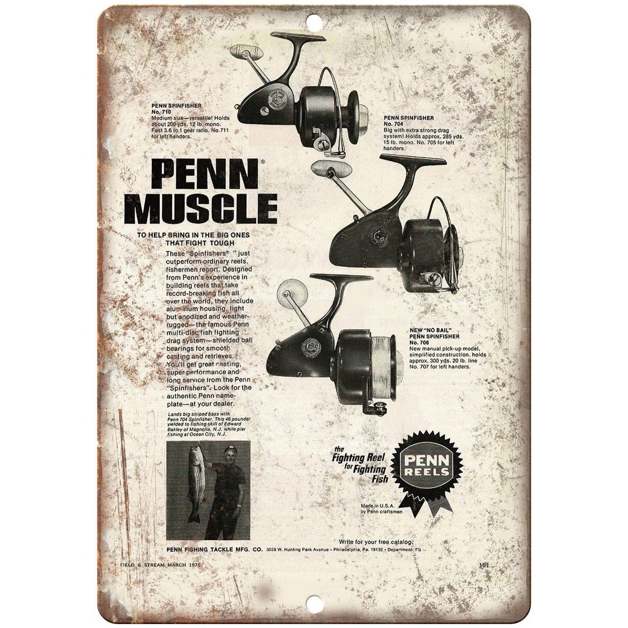 PENN FIshing Reel Spinfisher Vintage Ad 10' x 7 Reproduction Metal S –  Rusty Walls Sign Shop