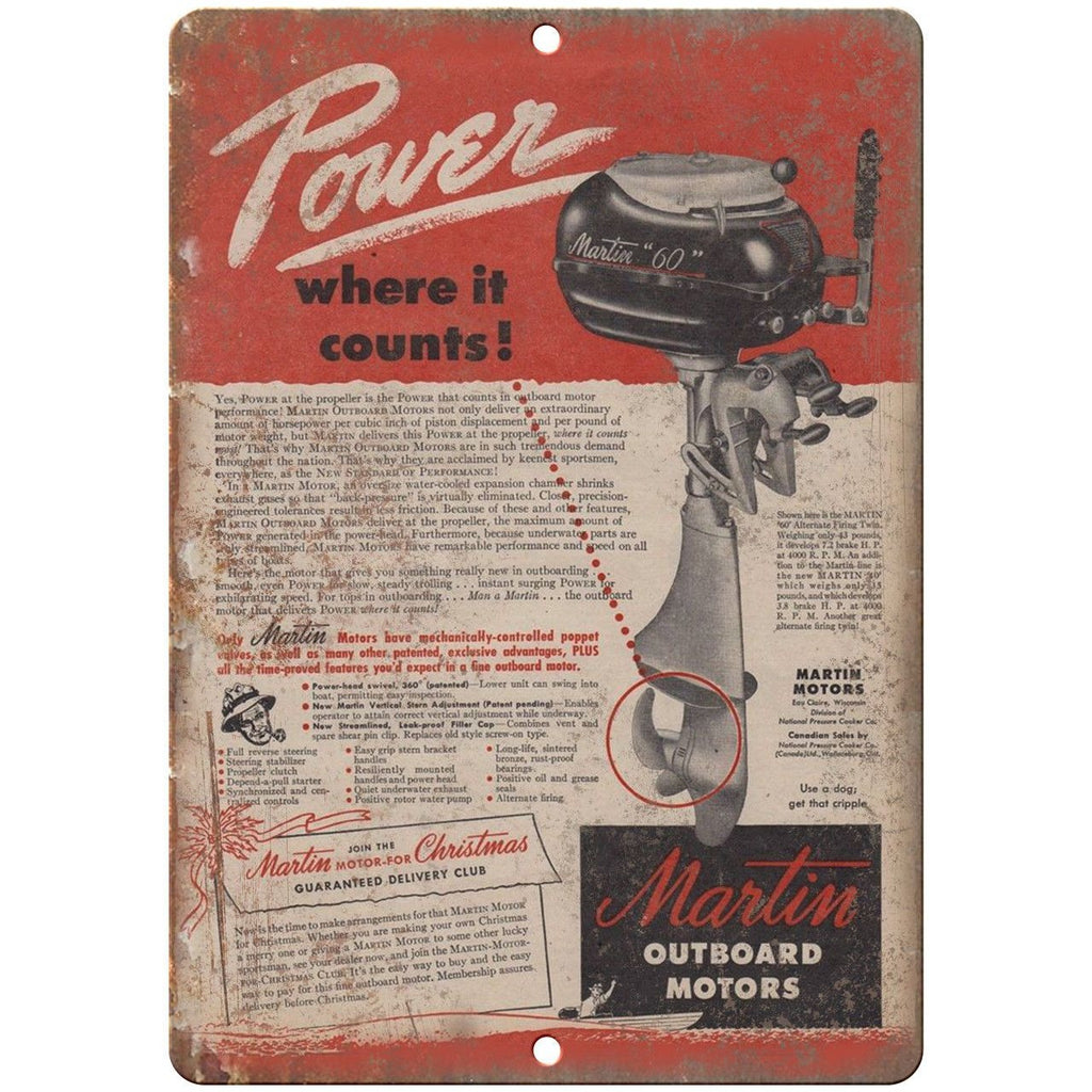 Martin Outboard Motors Boating Vintage Ad 10" x 7" Reproduction Metal Sign