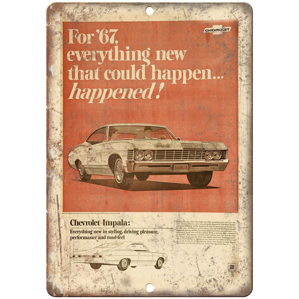1967 Chevy Impala Vintage Print Ad Retro Look 10" x 7" Reproduction Metal Sign